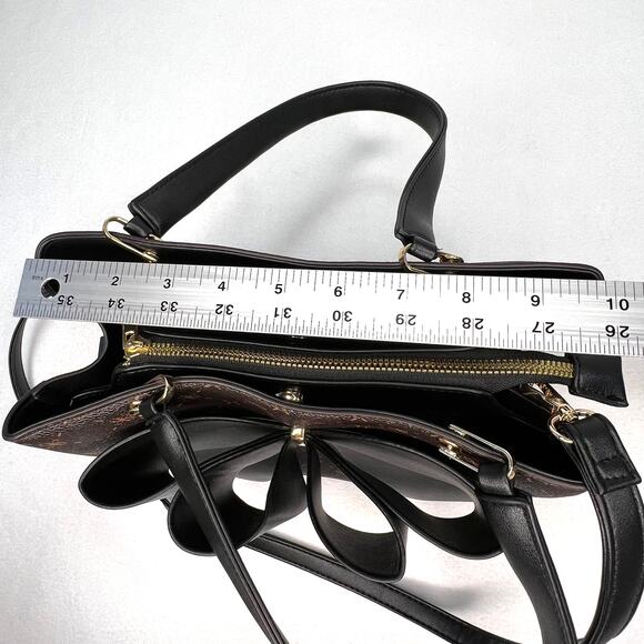 Crossi Black & Brown Bow Bag Textured Faux Leather Purse Designer Satchel Bag - Picture 8 of 12
